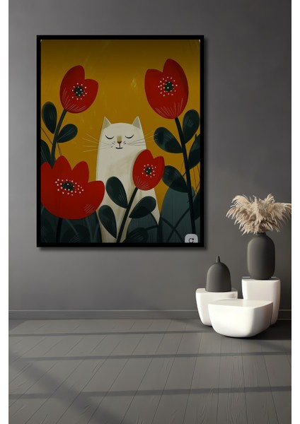 Sulu Boya Görünümlü Beyaz Kedi ve Kırmızı Lale Temalı Ahşap Dekoratif Tablo Dikdörtgen Tablo fiyatları