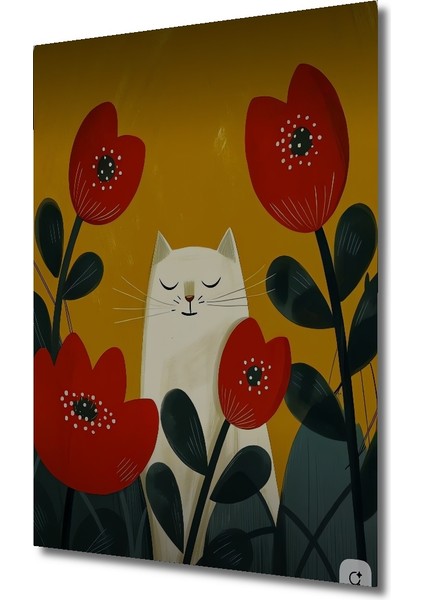 Sulu Boya Görünümlü Beyaz Kedi ve Kırmızı Lale Temalı Ahşap Dekoratif Tablo Dikdörtgen Tablo modelleri