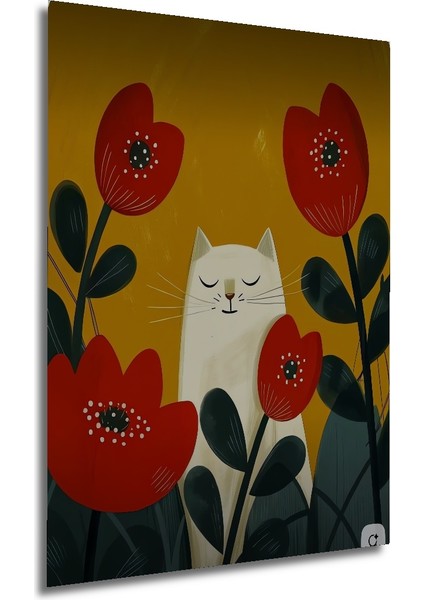 Sulu Boya Görünümlü Beyaz Kedi ve Kırmızı Lale Temalı Ahşap Dekoratif Tablo Dikdörtgen Tablo fırsatları