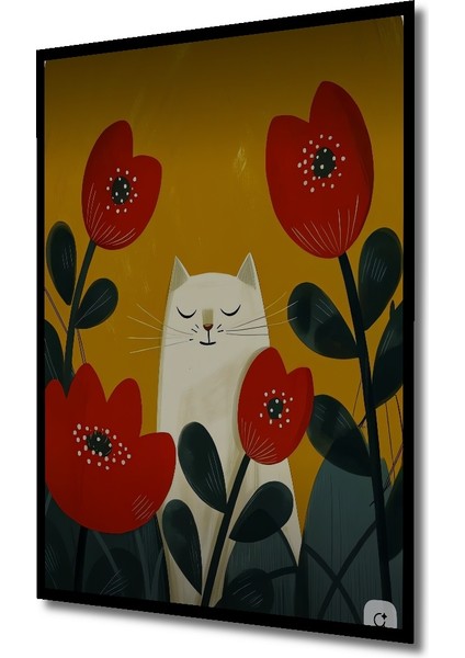 Sulu Boya Görünümlü Beyaz Kedi ve Kırmızı Lale Temalı Ahşap Dekoratif Tablo Dikdörtgen Tablo indirimleri