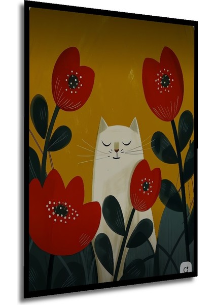 Sulu Boya Görünümlü Beyaz Kedi ve Kırmızı Lale Temalı Ahşap Dekoratif Tablo Dikdörtgen Tablo