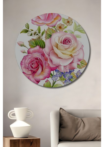 Pembe Gül Buketi Yağlı Boya Görünümlü Dekoratif Ahşap Tablo Yuvarlak Tablo