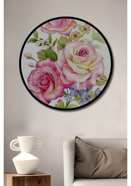 Pembe Gül Buketi Yağlı Boya Görünümlü Dekoratif Ahşap Tablo Yuvarlak Tablo fiyatları