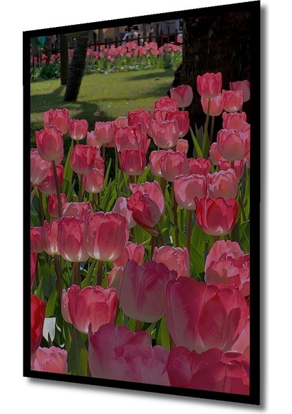 Pembe Lale Bahçesi Yağlı Boya Görünümlü Ahşap Dekoratif Tablo Dikdörtgen Tablo indirimleri