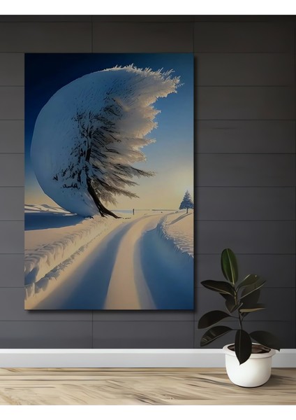 Buzlu Ağaç ve Kar Manzarası Yağlı Boya Görünümlü Dekoratif Ahşap Tablo Dikdörtgen Tablo