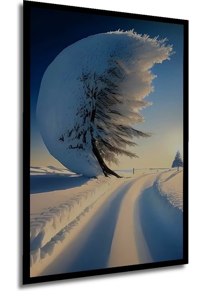 Buzlu Ağaç ve Kar Manzarası Yağlı Boya Görünümlü Dekoratif Ahşap Tablo Dikdörtgen Tablo