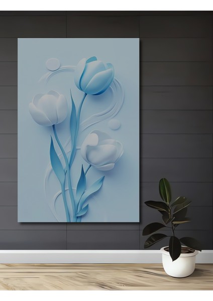 Mavi Beyaz Lale Suluboya Görünümlü Ahşap Dekoratif Tablo Dikdörtgen Tablo