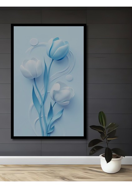 Mavi Beyaz Lale Suluboya Görünümlü Ahşap Dekoratif Tablo Dikdörtgen Tablo fiyatları