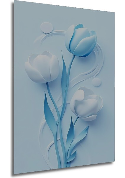 Mavi Beyaz Lale Suluboya Görünümlü Ahşap Dekoratif Tablo Dikdörtgen Tablo fırsatları