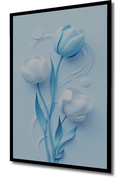 Mavi Beyaz Lale Suluboya Görünümlü Ahşap Dekoratif Tablo Dikdörtgen Tablo indirimleri