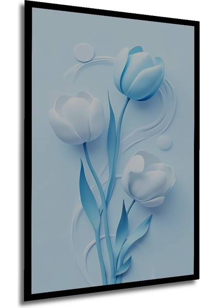 Mavi Beyaz Lale Suluboya Görünümlü Ahşap Dekoratif Tablo Dikdörtgen Tablo