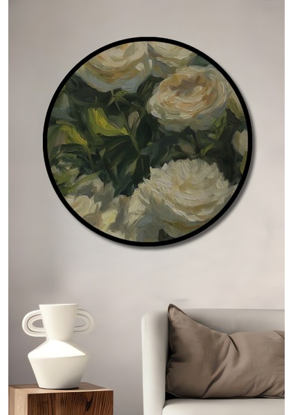 Beyaz Gül Yağlı Boya Görünümlü Ahşap Dekoratif Tablo Yuvarlak Tablo fiyatları