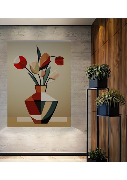 Geometrik Lale Buketi Yağlı Boya Görünümlü Ahşap Dekoratif Tablo Dikdörtgen Tablo