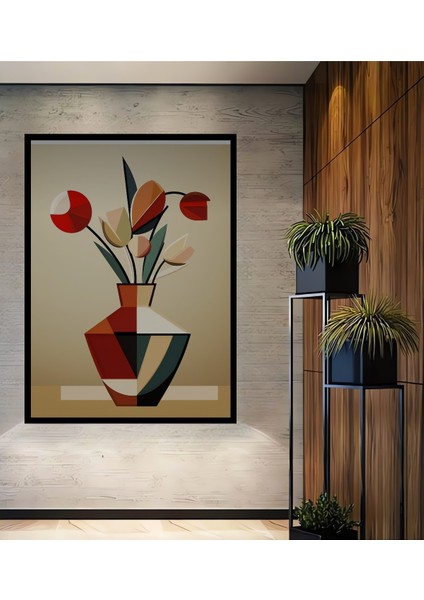 Geometrik Lale Buketi Yağlı Boya Görünümlü Ahşap Dekoratif Tablo Dikdörtgen Tablo fiyatları