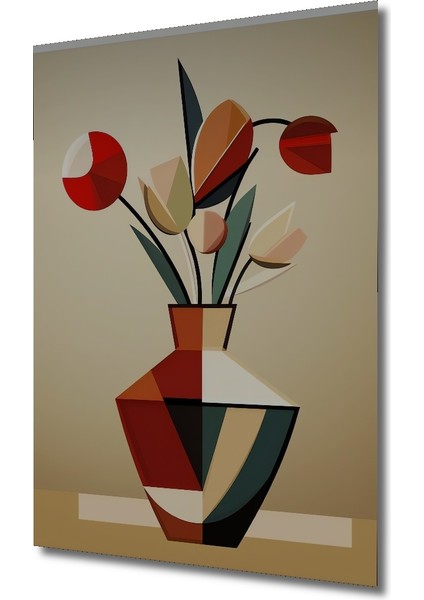 Geometrik Lale Buketi Yağlı Boya Görünümlü Ahşap Dekoratif Tablo Dikdörtgen Tablo modelleri