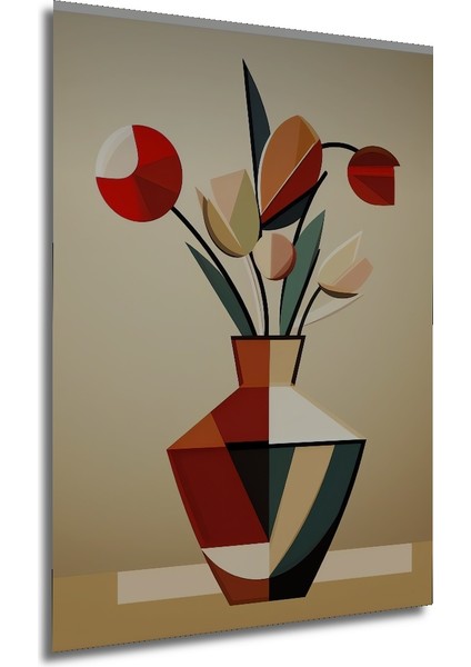 Geometrik Lale Buketi Yağlı Boya Görünümlü Ahşap Dekoratif Tablo Dikdörtgen Tablo fırsatları