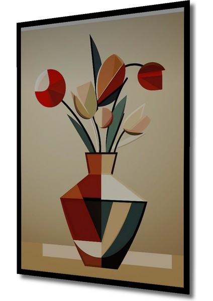 Geometrik Lale Buketi Yağlı Boya Görünümlü Ahşap Dekoratif Tablo Dikdörtgen Tablo indirimleri