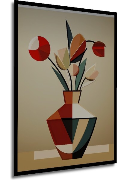 Geometrik Lale Buketi Yağlı Boya Görünümlü Ahşap Dekoratif Tablo Dikdörtgen Tablo