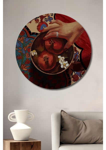 Nar ve Zarafet Yağlı Boya Görünümlü Ahşap Dekoratif Tablo Yuvarlak Tablo