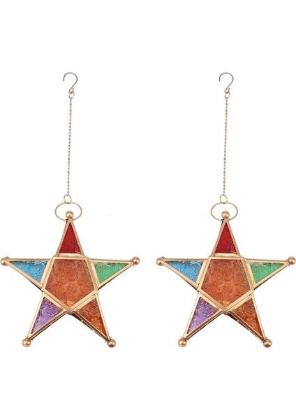 2x Çok Renkli Cam Yıldız Adak Çayı Işık Mum Tutucu Asma Aydınlatma Fener (Yurt Dışından)