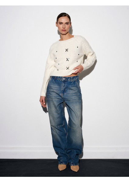 10462 Bisiklet Yaka Önü Taş Işlemeli Kazak-Ekru indirimleri