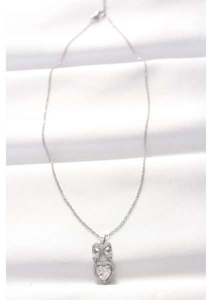 316L Çelik Silver Renk Zirkon Taşlı Kalpli Fiyonk Kolye fiyatları