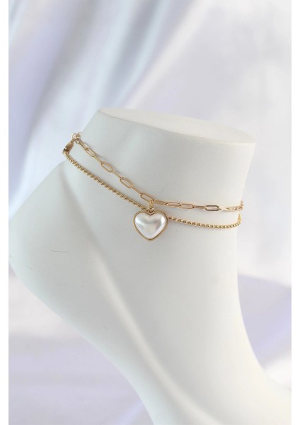 316L Çelik Gold Renk Beyaz Kalpli 2li Halhal