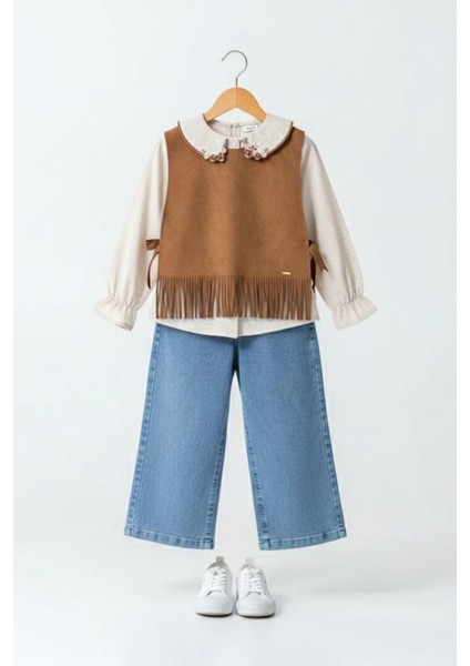 Süet Püsküllü Kız Çocuk 3 lü takım - Kahve