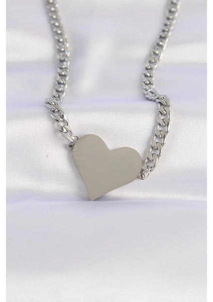 316L Çelik Zincir Gümüş Renk Düz Plaka Kalp Kolye