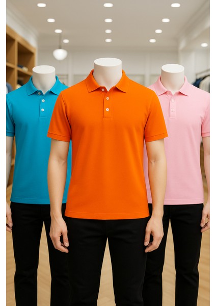 Erkek Giyim %100 Pamuklu Turkuaz & Turuncu & Pembe 3 Adet Polo Yaka Tişört LL.DINC3LU.001