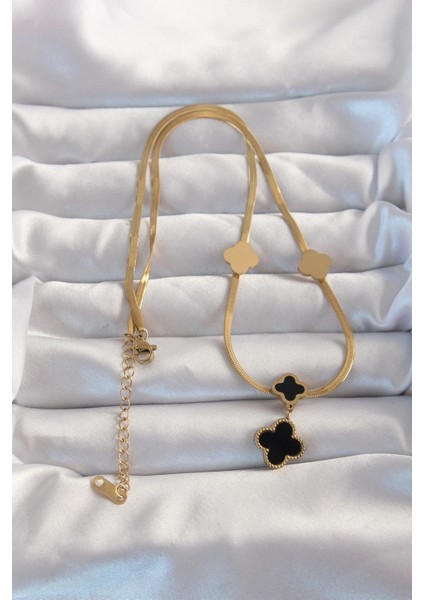 316L Çelik Gold Renk Italyan Zincirli Mineli Yonca Kolye fiyatları