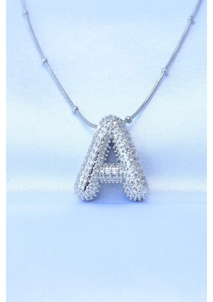 316L Çelik Zincirli Zirkon Taşlı A Harfli Gümüş Renk Bubble Kolye