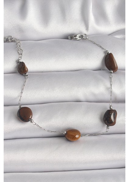 316L Çelik Gümüş Renk Zincir Kahverengi Doğaltaş Model Kadın Bileklik - TJ-BB6596 fiyatları