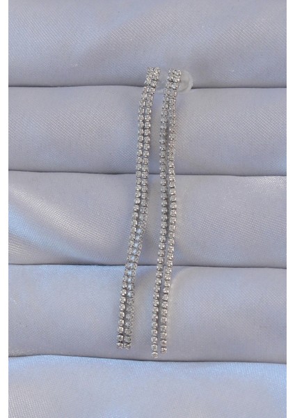 Pirinç Gümüş Renk Zirkon Taşlı Su Yolu Model Küpe