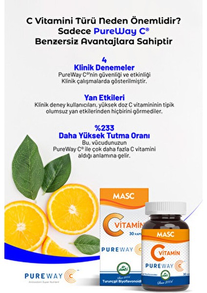 MASC Pureway C Vitamin Takviyesi 30 Kapsül Yüksek Biyoyararlanımlı Formül