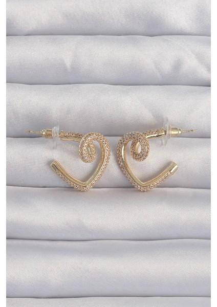 Pirinç Gold Renk Zirkon Taşlı Kıvrımlı Yarım Kalp Küpe