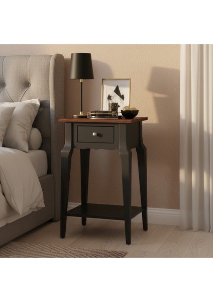 Masif Konik Antrasit Ceviz Raflı Komodin - Mini Dresuar