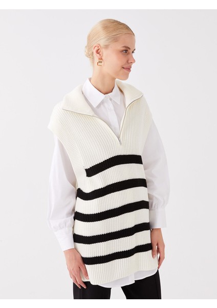 Yeni Sezon Dik Yaka Çizgili Oversize Kadın Triko Süveter modelleri