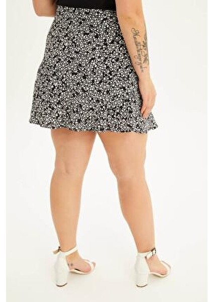 Kuşak Detaylı Çiçek Desenli Volanlı Etek 45 cm İnce Dokuma Kumaş Kadın