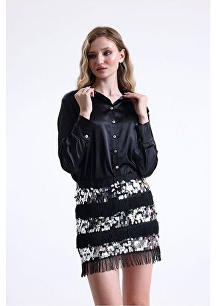 Büyük Beden Abiye Mini Etek Pul ve Püskül Detaylı Polyester 35 cm Siyah Renk