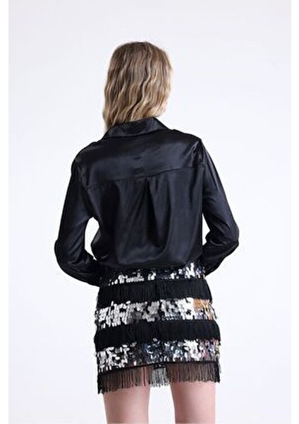 Büyük Beden Abiye Mini Etek Pul ve Püskül Detaylı Polyester 35 cm Siyah Renk