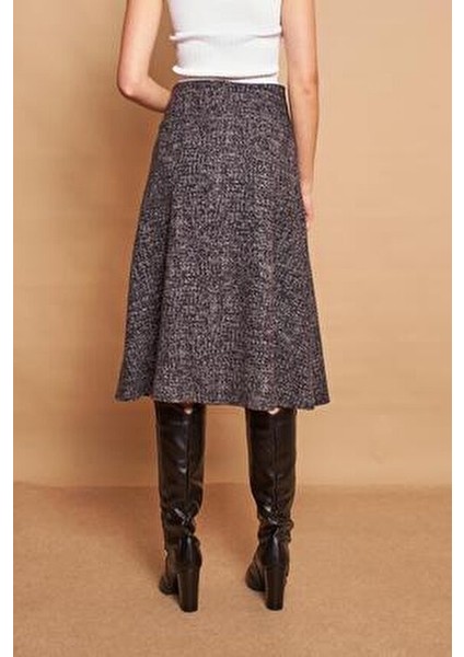 Kadın Kışlık Yünlü Jakarlı Hafif Likralı Kumaş Yüksek Bel Uzun Çan Etek-Siyah Diyagonel