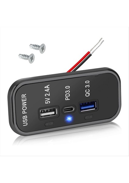 3 Port 12V USB Priz Şarj Cihazı, Pd3. 0 Tip C, Qc 3.0 USB A ve 2.4 A USB Hızlı Şarj Soketi Adaptörü Araba Deniz (Yurt Dışından)