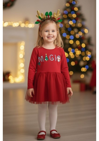 Kırmızı Yılbaşı Temalı Magic Mottolu Kız Çocuk Elbise - Claire indirimleri