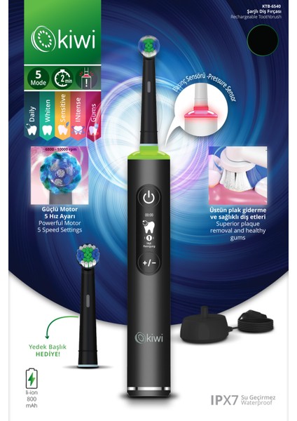 KTB-6540 Şarjlı Diş Fırçası | 5 Farklı Mod & LCD Ekran Beyaz