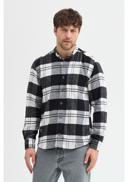 Erkek Siyah Beyaz Kareli Flanel Oduncu Kışlık Cepsiz Gömlek Overshirt