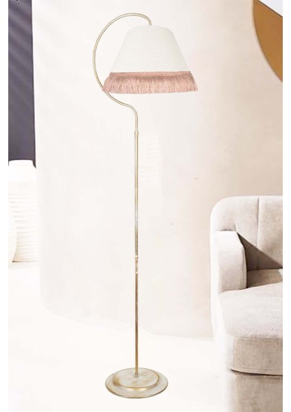 Lambader Çise Elips Krem Sarı Patina Abajur Krem Püskül Pembe