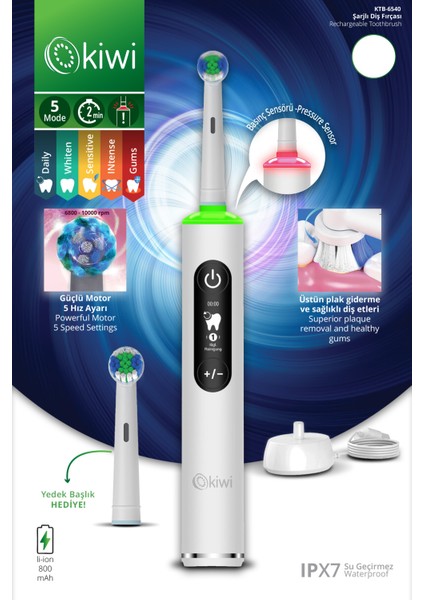 KTB-6540 Şarjlı Diş Fırçası | 5 Farklı Mod & LCD Ekran Beyaz