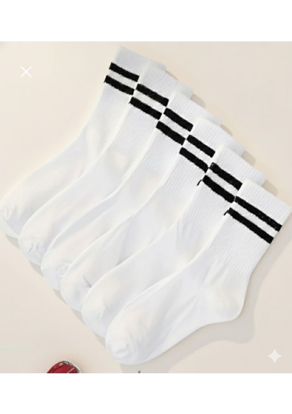 6’lı Erkek Tenis – Kolej Çorabı | Beyaz & Siyah Renk Seçenekleri | Çift Şeritli Uzun Spor Çorap