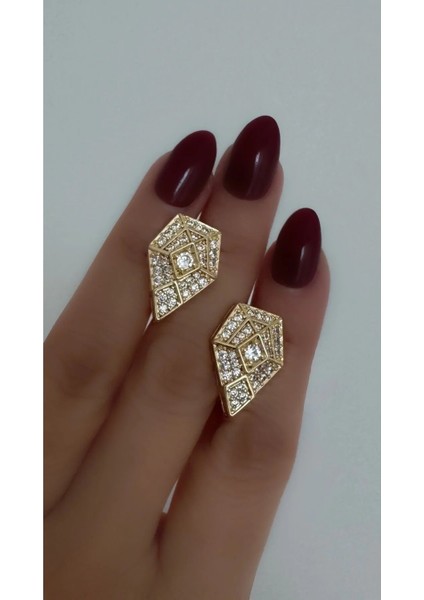 Siyah Mineli Gold Renkli Kare Küpe